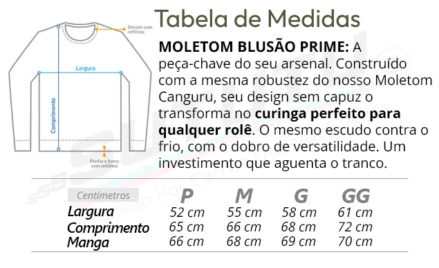 Tabela de Medidas do Moletom Blusão Prime
