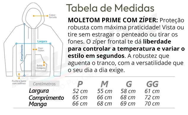 Tabela de Medidas do Moletom Com Ziper
